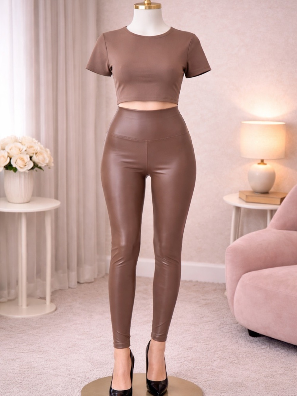 High-Waist Faux Leather Leggings - Brown
